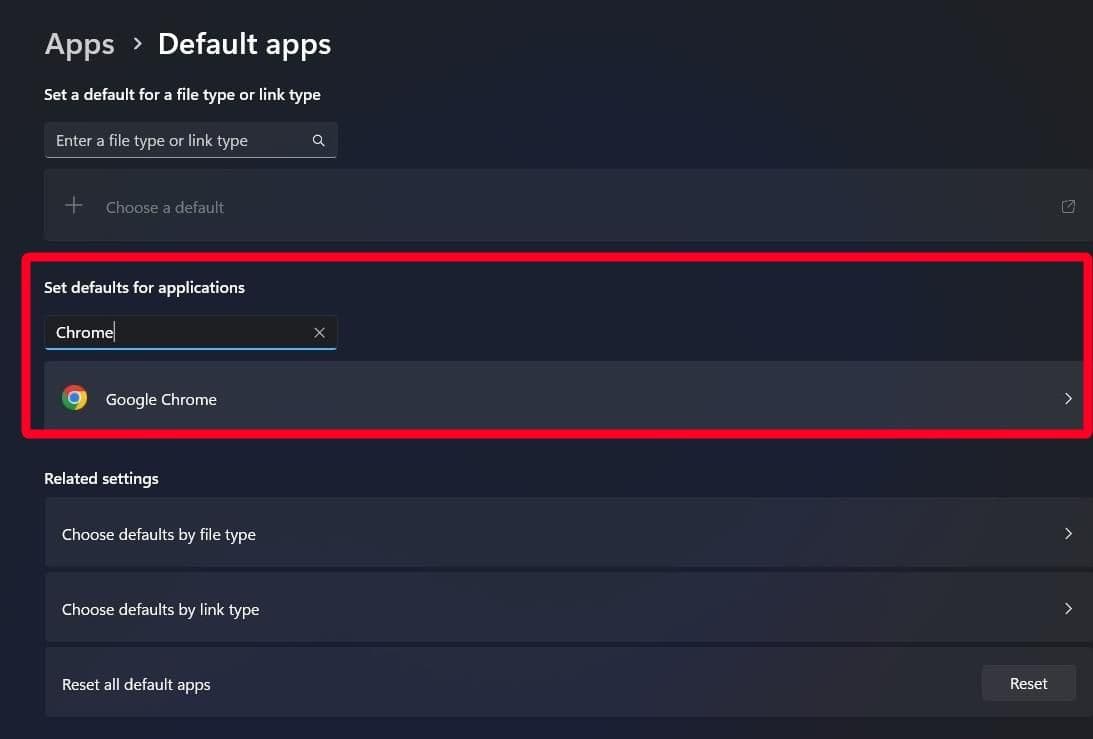 Αναζήτηση για Chrome στο μενού προεπιλεγμένων εφαρμογών των Windows 11