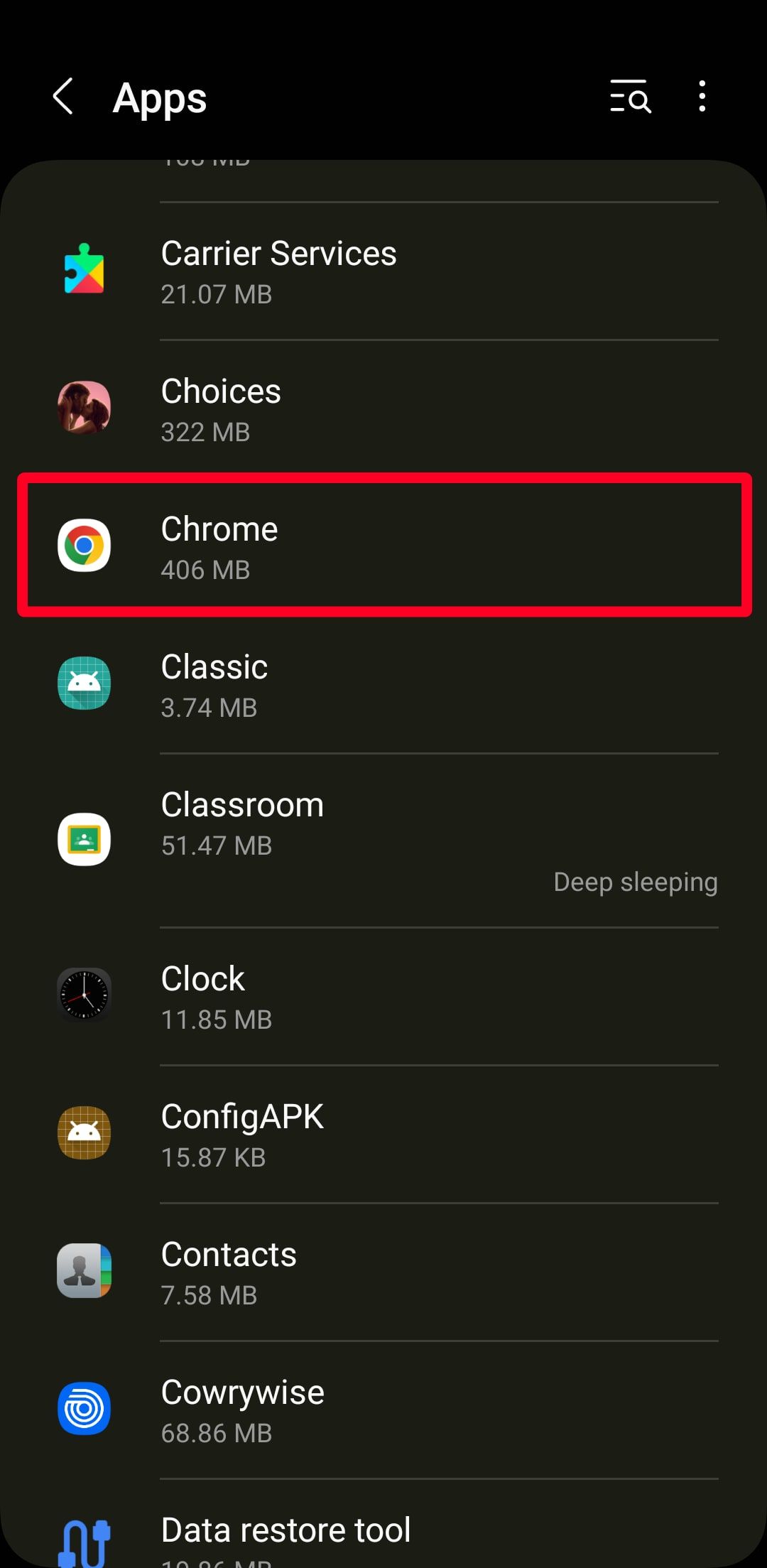 Επιλέγοντας το Chrome από το μενού Εφαρμογές στο Android