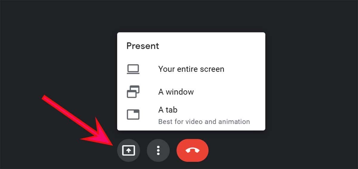 Το μενού Παρουσίαση σε μια σύσκεψη του Google Meet