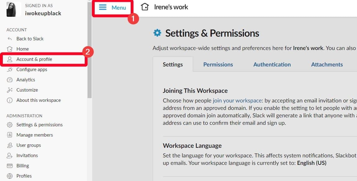 Ιστοσελίδα ρυθμίσεων Slack λογαριασμού