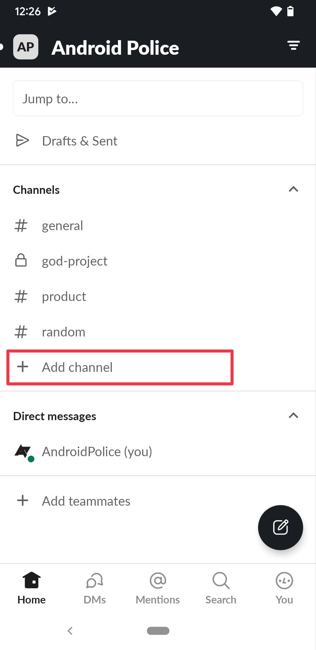Στιγμιότυπο οθόνης κουμπιού προσθήκης καναλιού Slack εφαρμογής Android