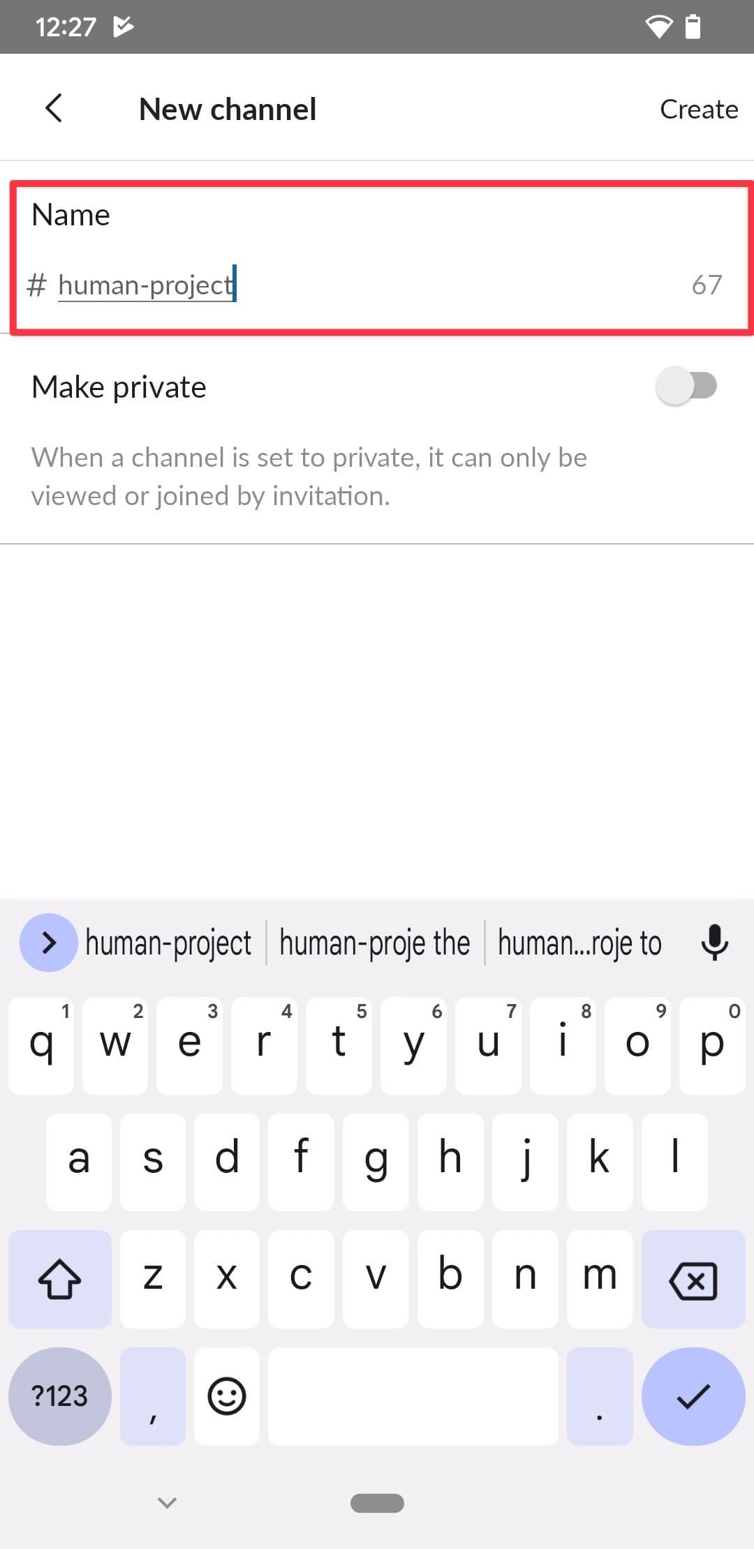 Slack στιγμιότυπο οθόνης εφαρμογής Android που δείχνει την ονομασία ενός καναλιού