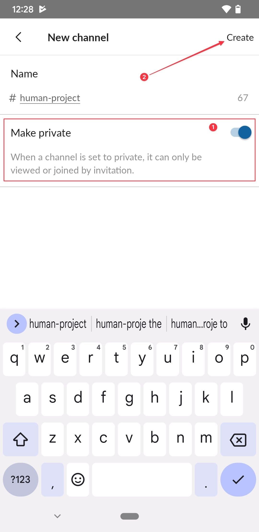 Slack στιγμιότυπο οθόνης εφαρμογής Android που δείχνει την επιλογή ιδιωτικού καναλιού