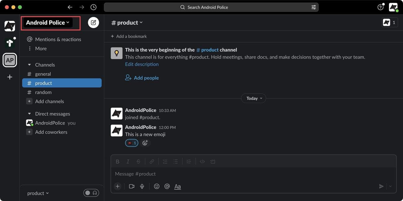 Slack στιγμιότυπο οθόνης αρχικής σελίδας που δείχνει το όνομα του χώρου εργασίας