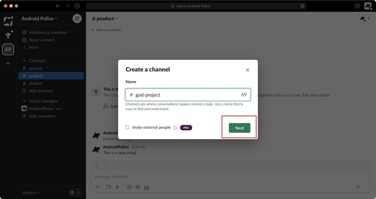 Χαλαρό στιγμιότυπο οθόνης που δείχνει το πεδίο ονόματος καναλιού