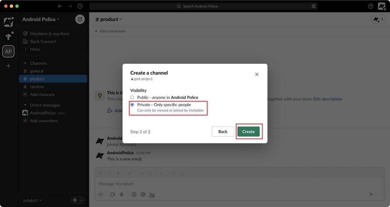 Επιλογή ιδιωτικού καναλιού στο Slack
