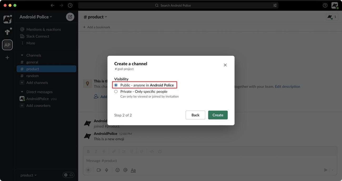 Επιλογή δημόσιου καναλιού στο Slack