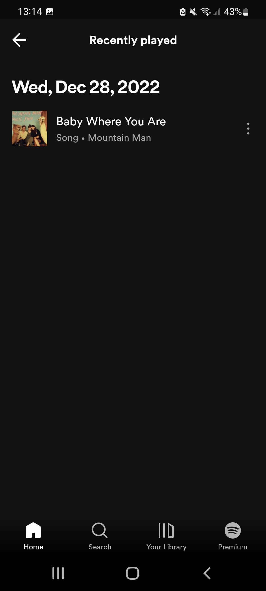 Screenshot of the Spotify app on Android displaying a ‘Recently Played’ page showing the user’s recently played songs and playlists.