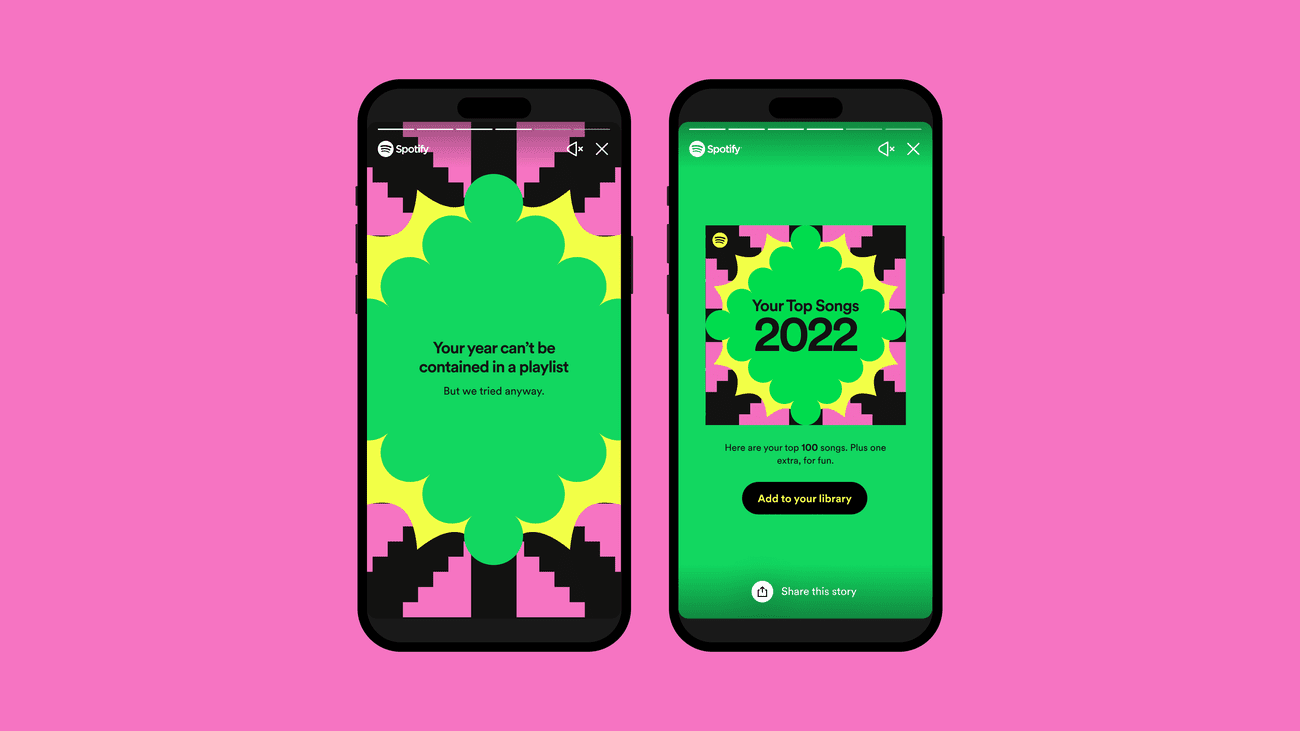 Two smartphones on a solid pink background. The phones display two screens from Spotify Wrapped 2022.