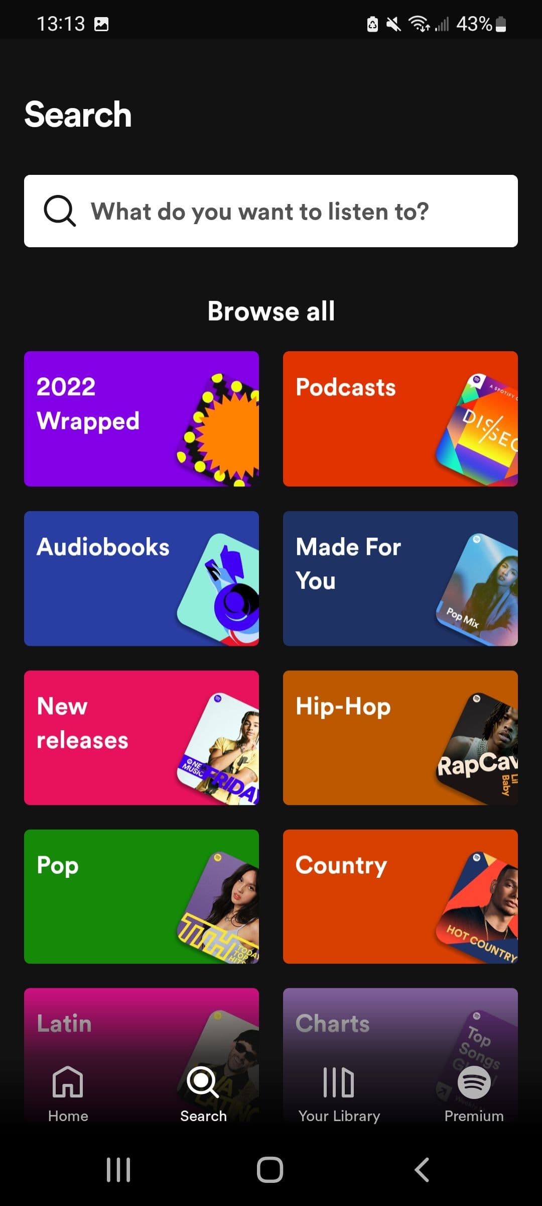 Screenshot of the main search tab on Spotify for Android. The screen displays a search bar and a ‘Browse All’ heading. Below the heading are several options including Spotify Wrapped, Podcasts, Audiobooks, and more.
