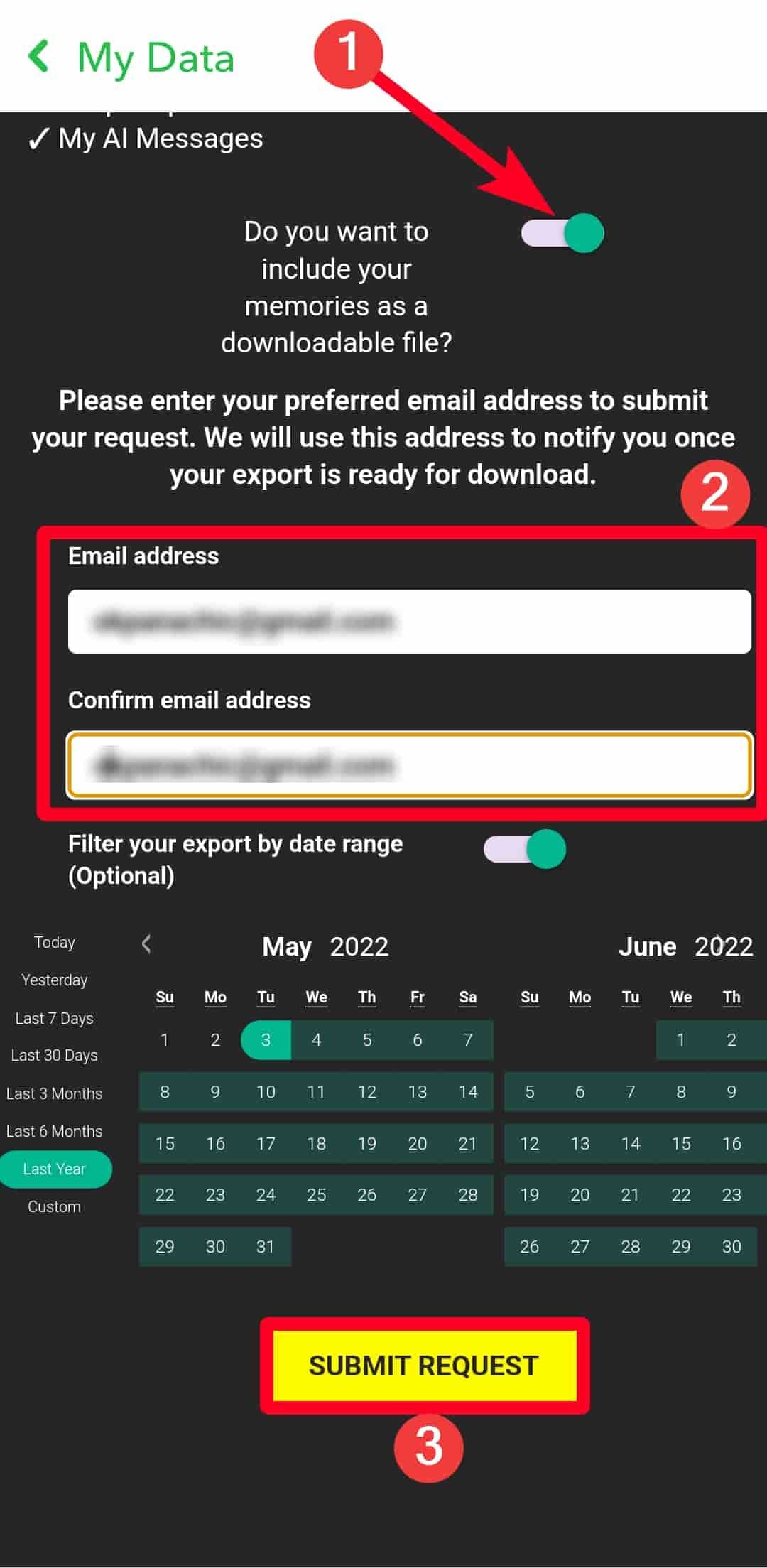 Εισαγωγή διεύθυνσης email και καθορισμός εύρους ημερομηνιών στο μενού Τα δεδομένα μου στο Snapchat