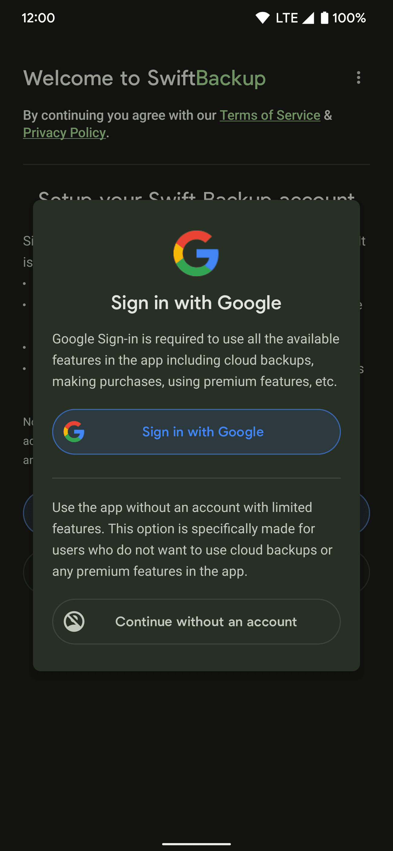 Ορίζοντας τις επιλογές σύνδεσης όταν ανοίγετε το Swift Backup για πρώτη φορά