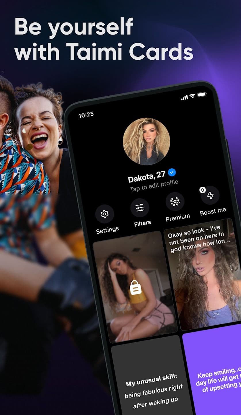 Προφίλ εφαρμογής γνωριμιών που δείχνει δύο εικόνες και δύο αναρτήσεις κειμένου