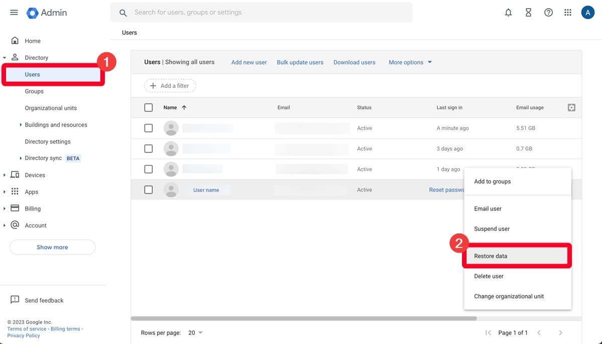 Μενού χρηστών στην κονσόλα διαχειριστή του Google Workspace