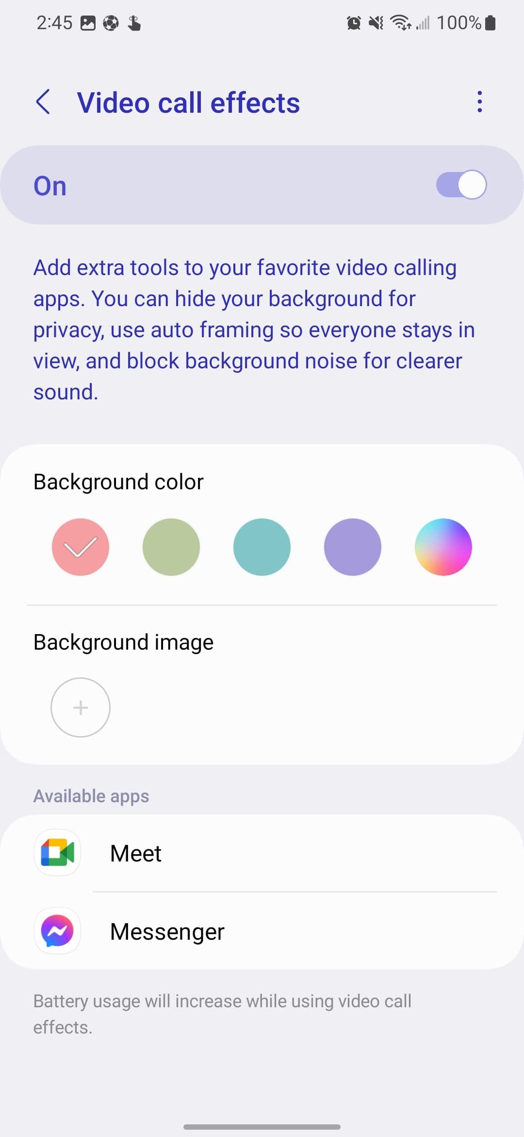The Video call effects settings in the Settings app on a Samsung phone