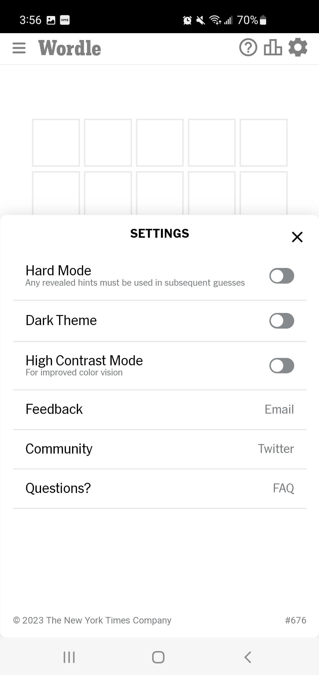 Στιγμιότυπο οθόνης των επιλογών ρυθμίσεων του Wordle