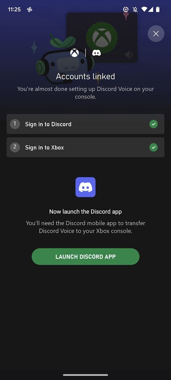 στιγμιότυπο οθόνης της εφαρμογής xbox που δείχνει επιβεβαίωση για τη σύνδεση discord και λογαριασμών xbox
