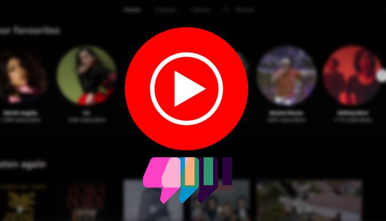 youtube music player blurred out in the background with the youtube music logo and a thumbs down symbol in the foreground