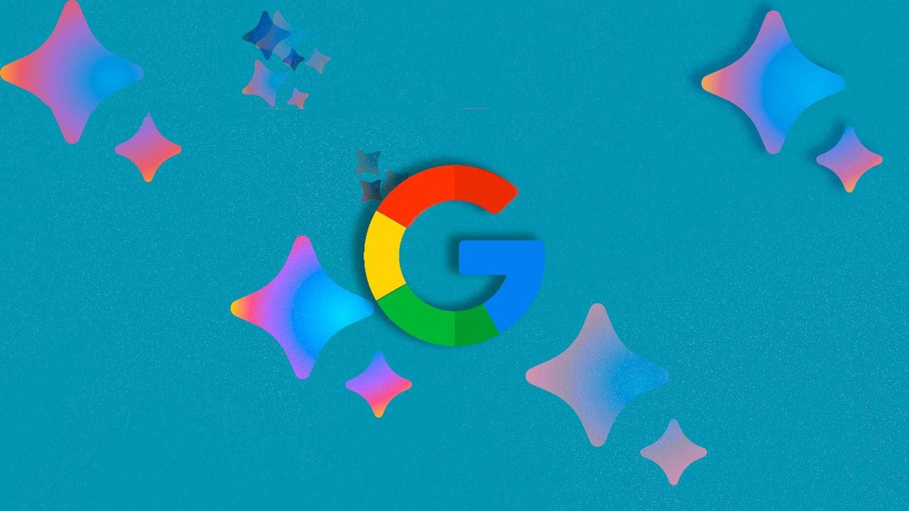 An illustration of the Google logo centered against a blue background with various Bard gems in the periphery. 