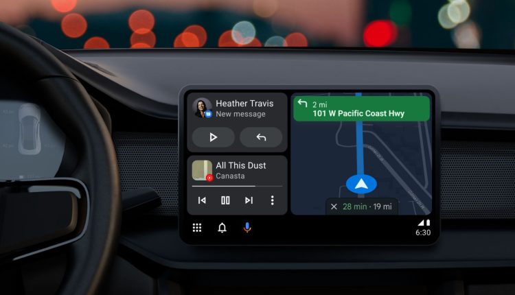 An automobile dashboard showing Android Auto in split-screen mode