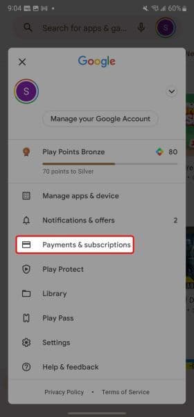 Μενού προφίλ Google Play που επισημαίνει την επιλογή Πληρωμές και συνδρομές