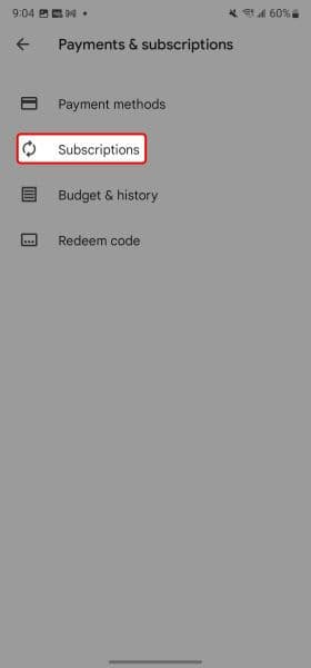Το μενού Πληρωμές και συνδρομές Google Play επισημαίνει τις επιλογές Συνδρομές