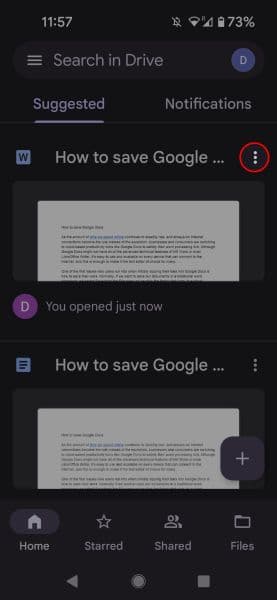 Το Google Drive για κινητά επισημαίνει το μενού με τις 3 κουκκίδες σε ένα μεμονωμένο αρχείο