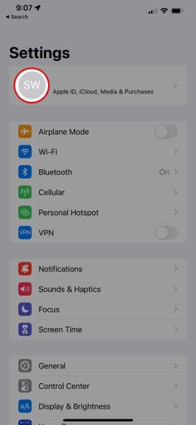 Μενού ρυθμίσεων iPhone που επισημαίνει το εικονίδιο προφίλ