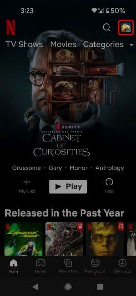 Η αρχική σελίδα της εφαρμογής Netflix για κινητά επισημαίνει το εικονίδιο χρήστη