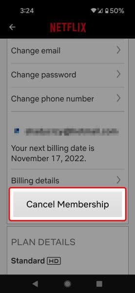 Μενού Netflix Mobile Account επισημαίνοντας το κουμπί Ακύρωση συνδρομής