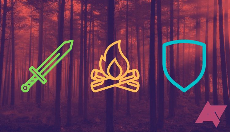 Illustration with a sword, fire, and shield icon