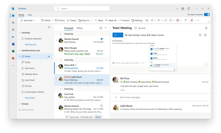 Screenshots of the new One Outlook app