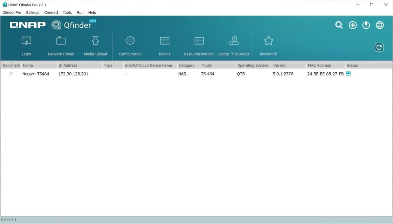 Screenshot of QFinder showing one QNAP device on the network
