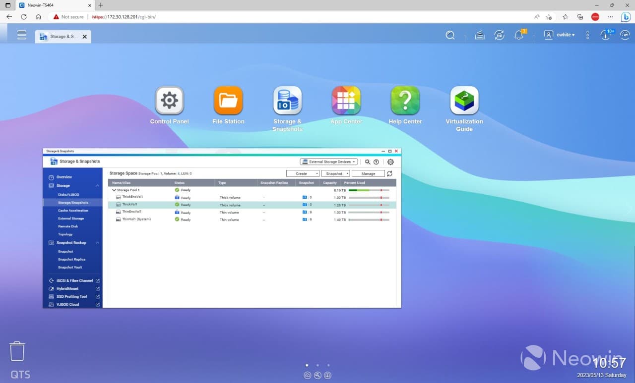 Screenshot showing four volumes on QTS QNAP TS-464