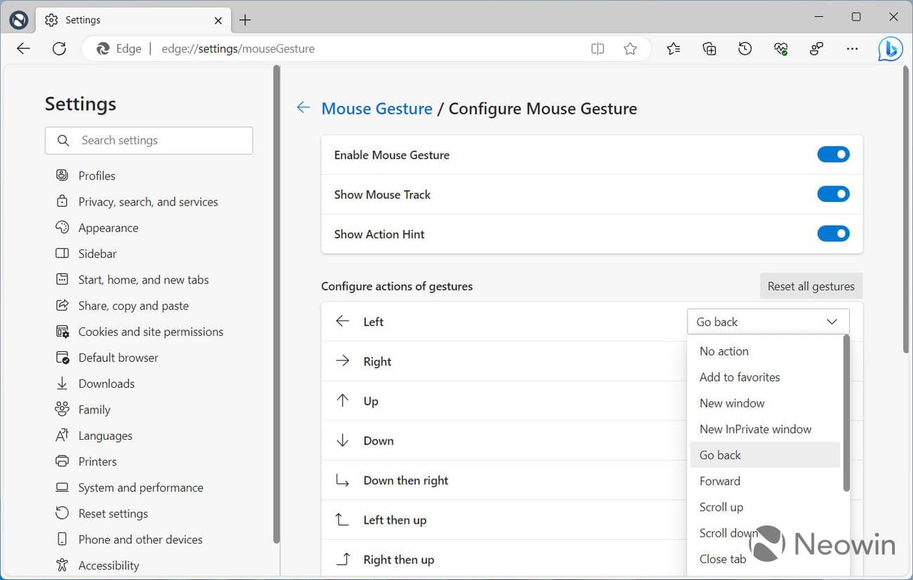 Ένα στιγμιότυπο οθόνης που δείχνει τις ρυθμίσεις χειρονομίας Edge Mouse
