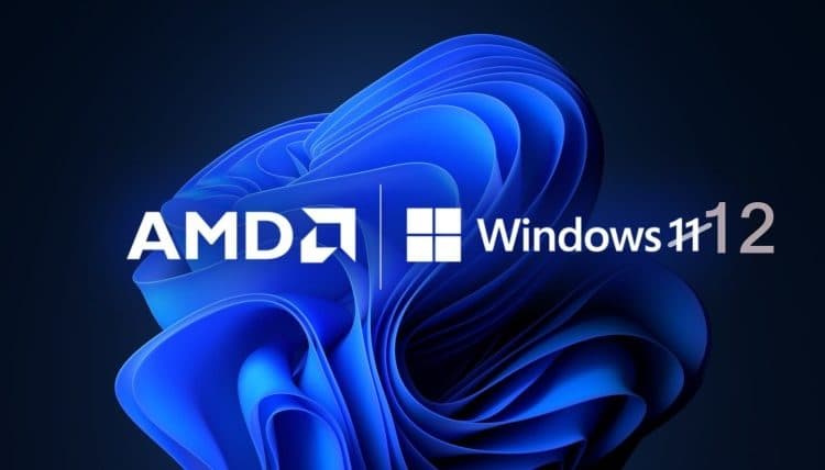 AMD Windows 11 logo side by side with 11 struck off and replaced with 12