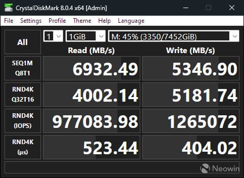 Sabrent Rocket 4 Plus 8TB - CrystalDiskMark peak