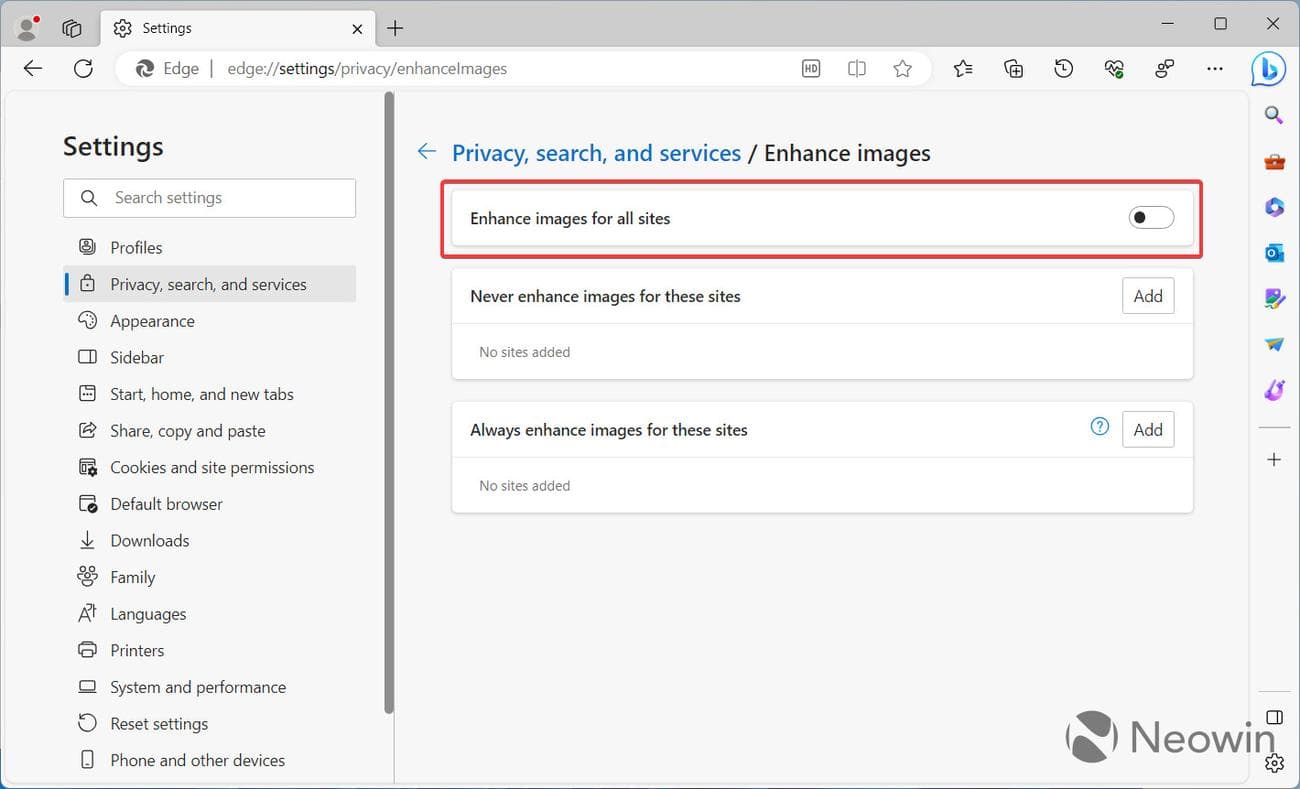 Ένα στιγμιότυπο οθόνης που δείχνει πώς να απενεργοποιήσετε τη σούπερ ανάλυση Edge