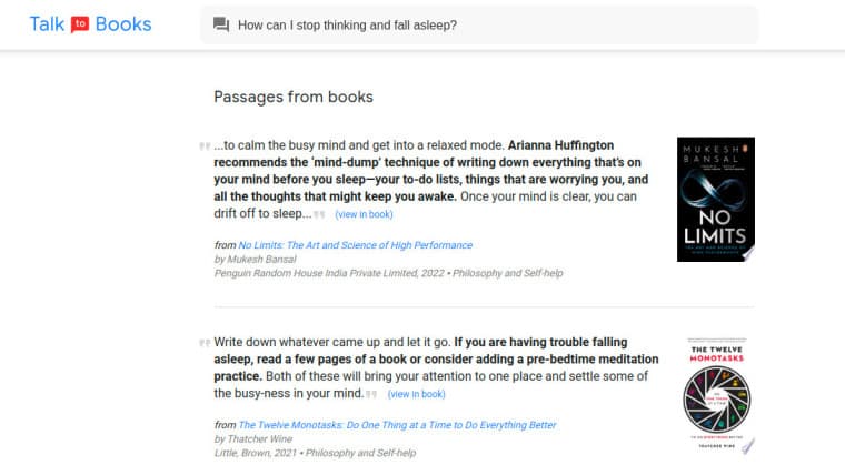 A screenshot of Talk to Books