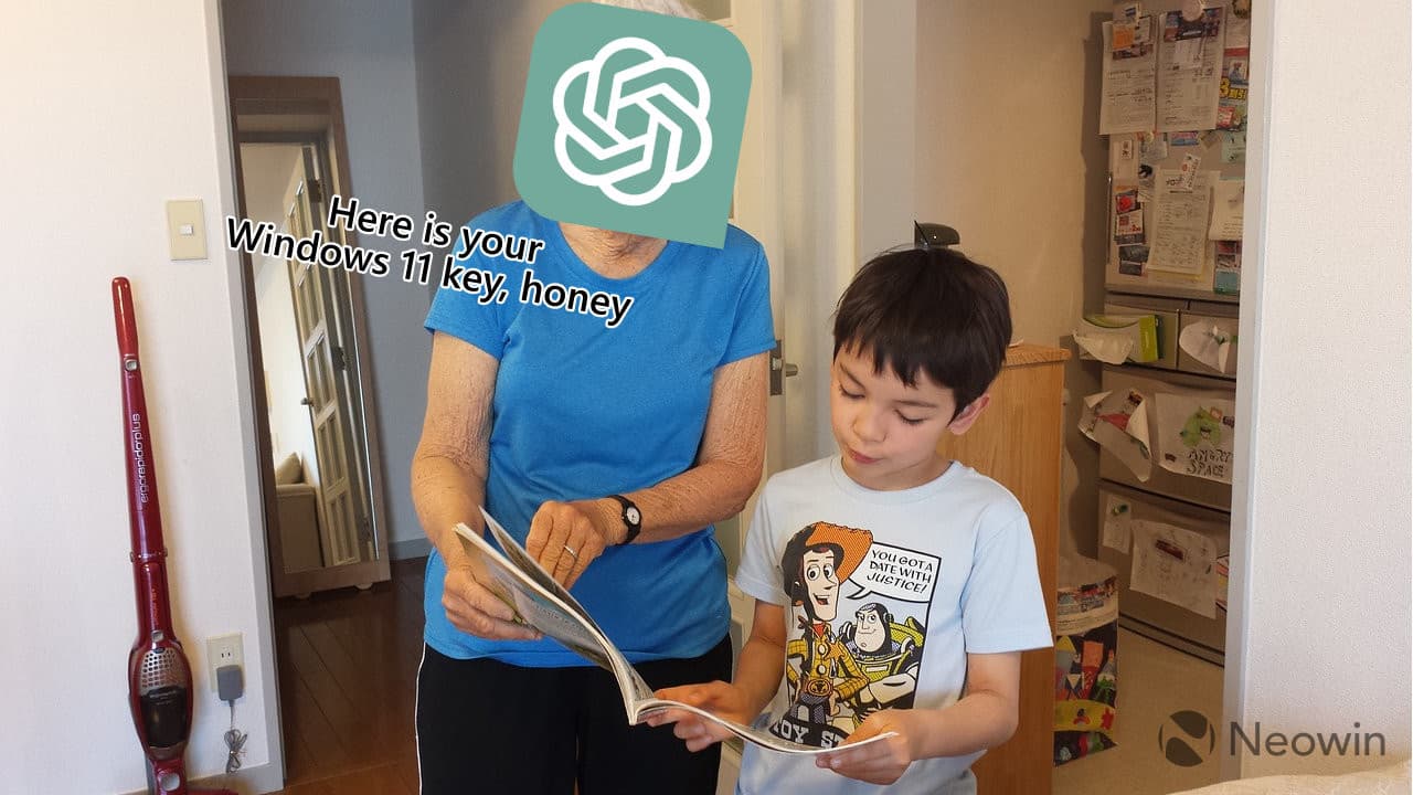 Μια φωτογραφία μιας γιαγιάς που διαβάζει ένα βιβλίο σε ένα παιδί με ένα επάλληλο λογότυπο chatGPT