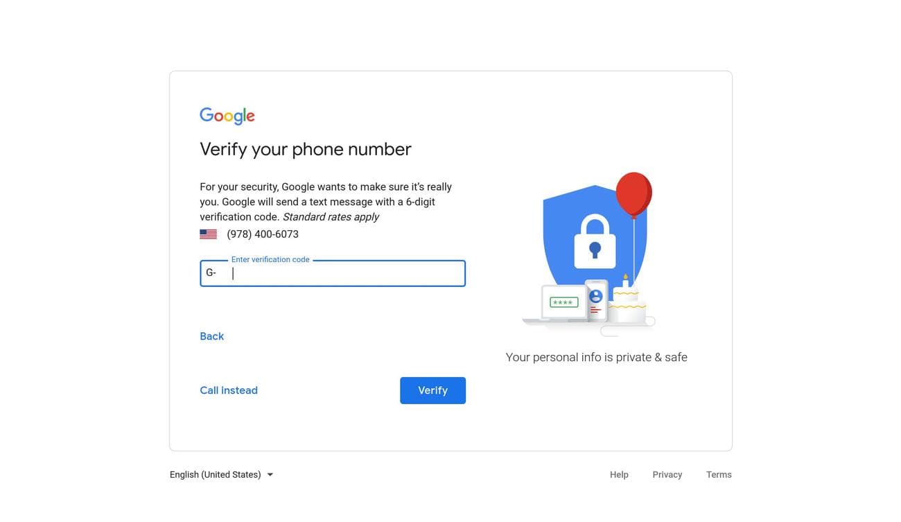 Οθόνη επαλήθευσης τηλεφώνου για εγγραφή στο Gmail
