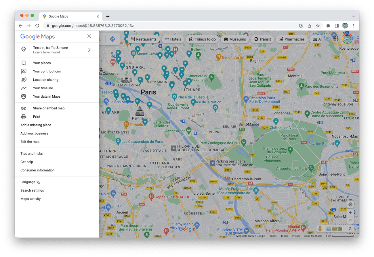 στιγμιότυπο οθόνης των χαρτών google σε πρόγραμμα περιήγησης επιτραπέζιου υπολογιστή