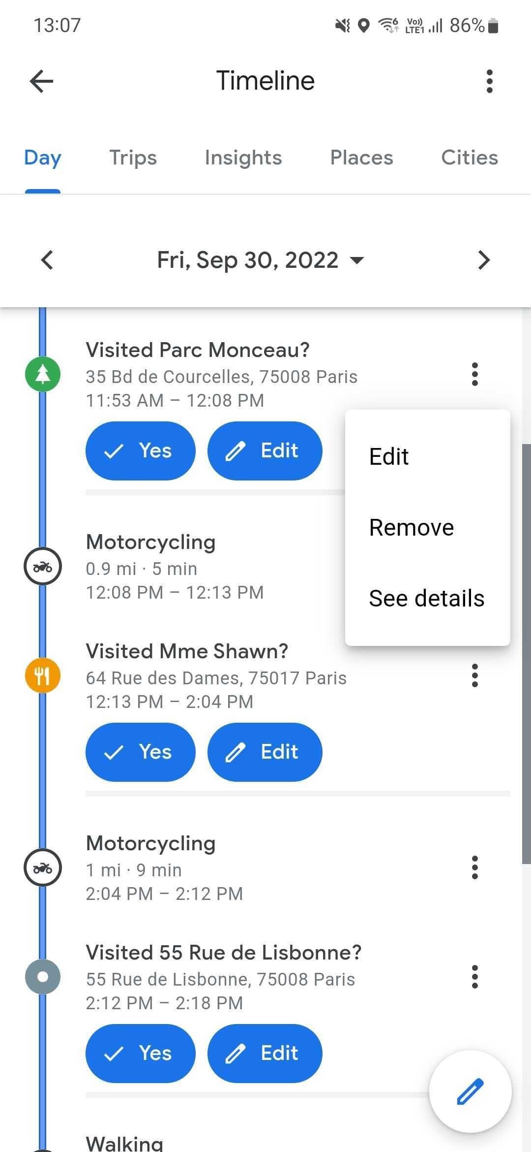 στιγμιότυπο οθόνης του χρονολογίου στους χάρτες google για android