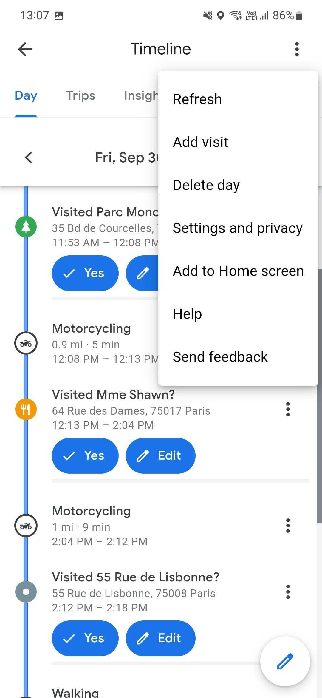 στιγμιότυπο οθόνης του χρονολογίου στους χάρτες google για android