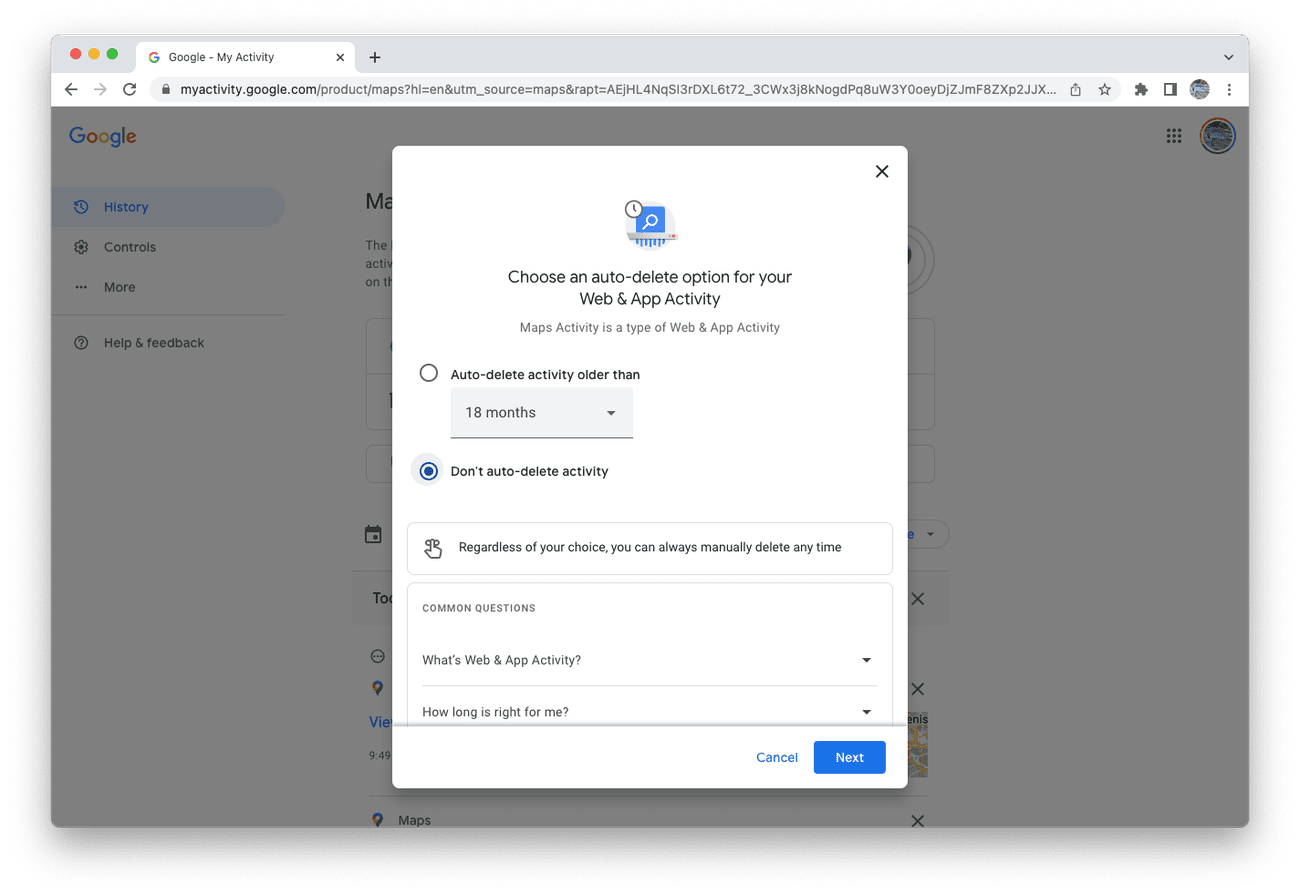 στιγμιότυπο οθόνης του μενού ιστορικού αυτόματης διαγραφής στους χάρτες Google στην επιφάνεια εργασίας