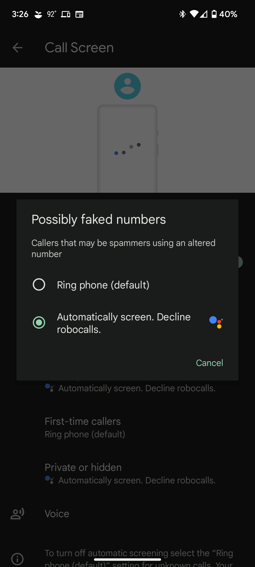 Google Pixel Call Screen πιθανές ρυθμίσεις ψεύτικων αριθμών