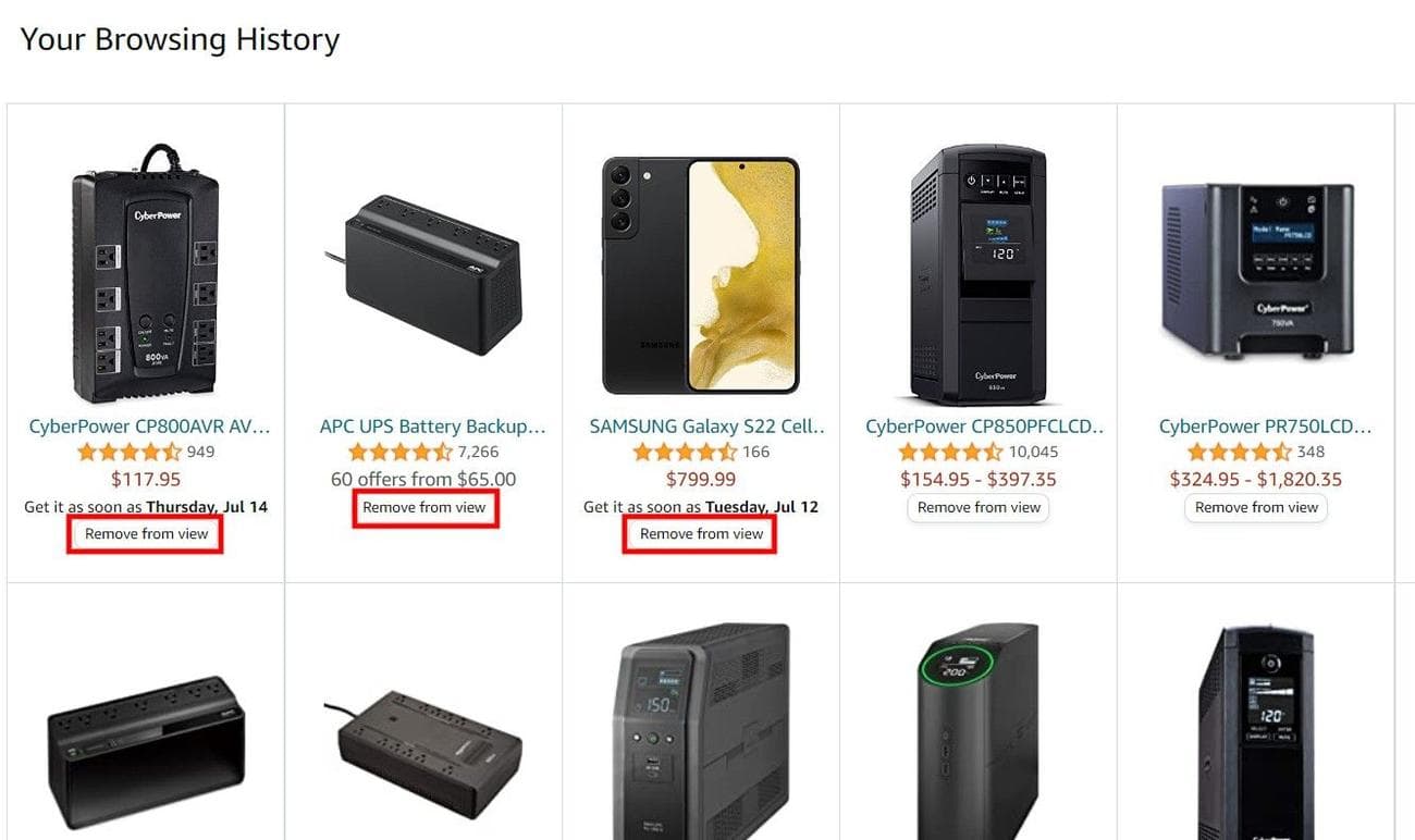 Στιγμιότυπο οθόνης σελίδας ιστορικού περιήγησης στο Amazon που δείχνει το κουμπί αφαίρεσης από την προβολή