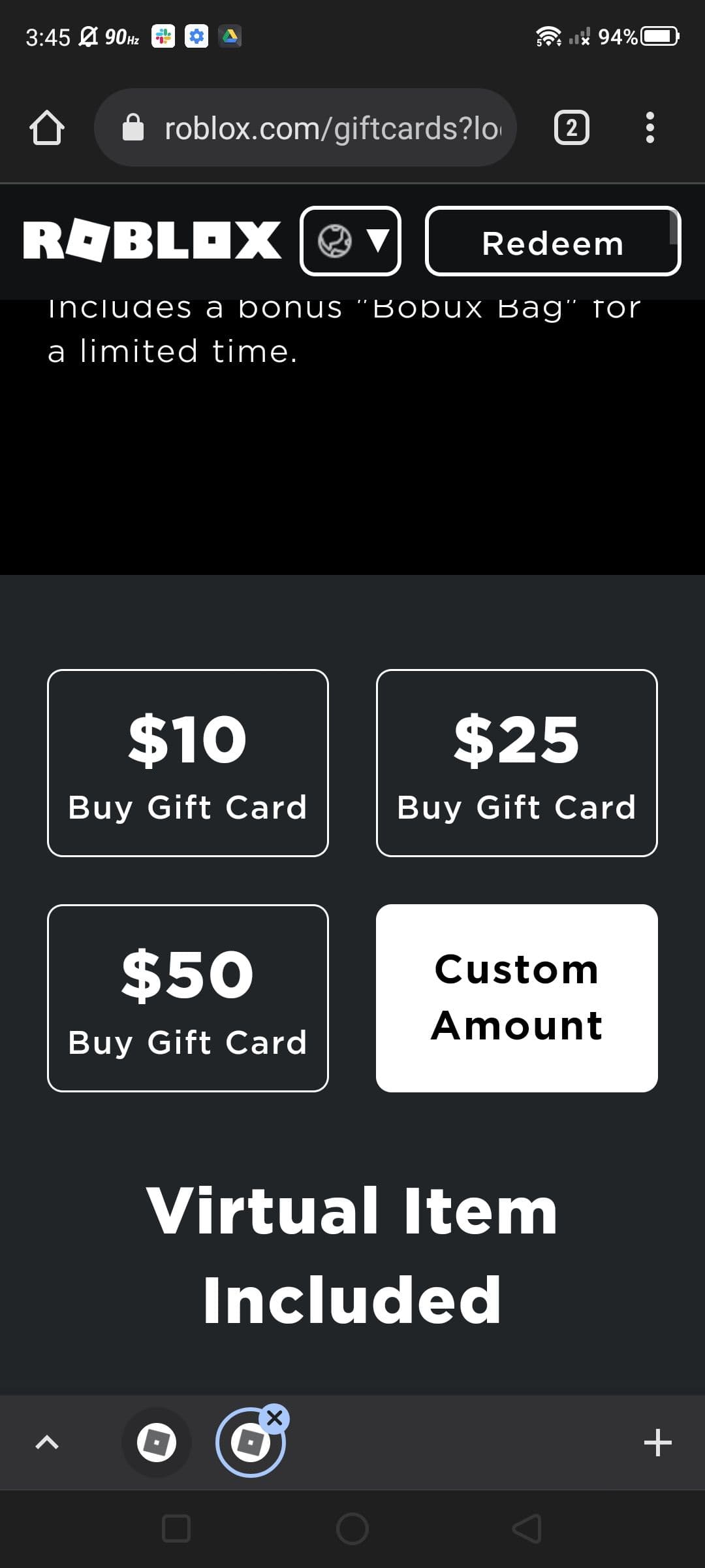 Στιγμιότυπο οθόνης από την αγορά μιας σελίδας δωροκάρτας Roblox (επιλογή του ποσού)