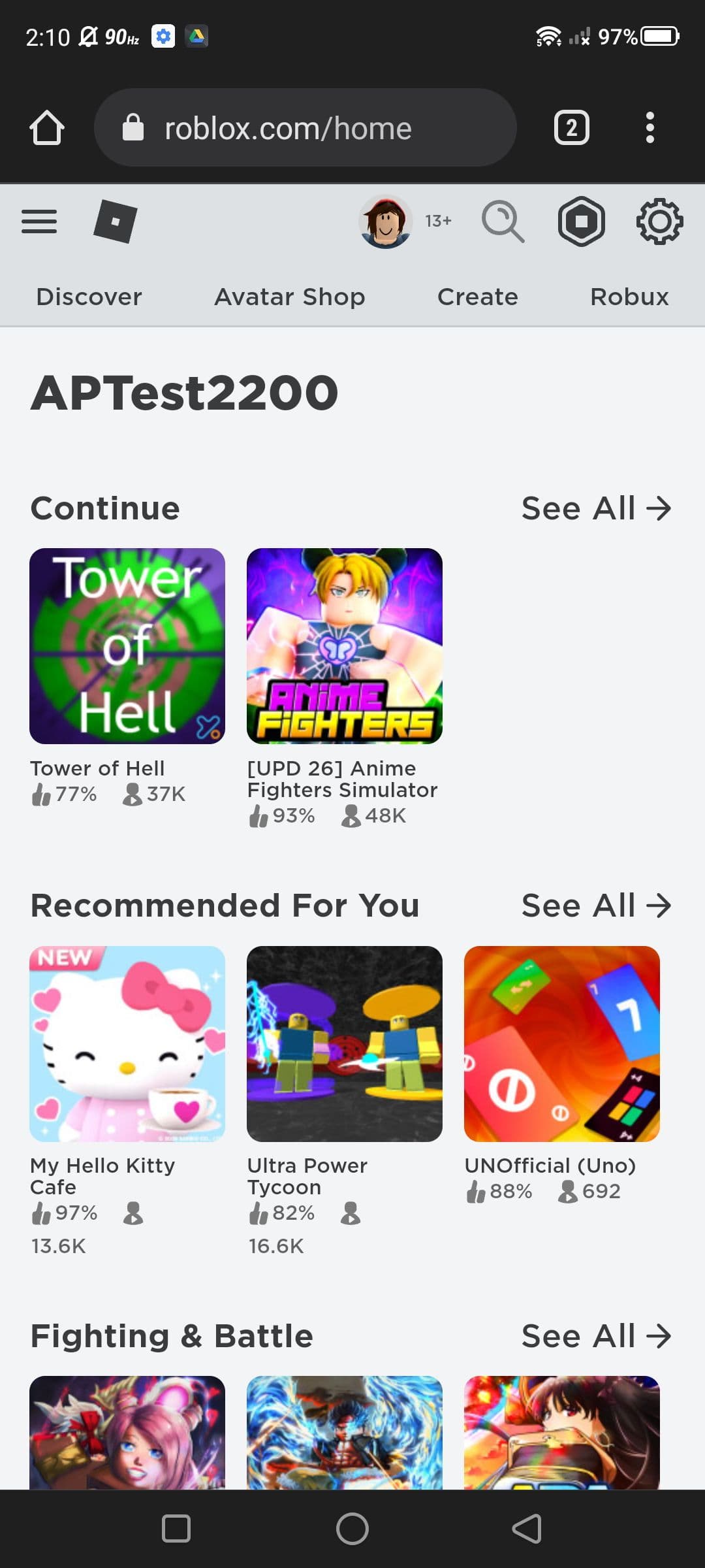 Στιγμιότυπο οθόνης της αρχικής σελίδας του ιστότοπου Roblox στο πρόγραμμα περιήγησής σας για κινητά