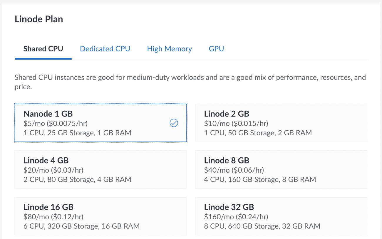 Selecting the Linode virtual hardware plan in the Linode dashboard